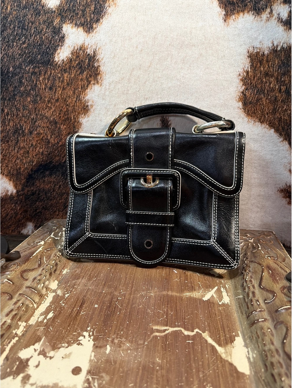 Maxx New York Black Leather Satchel Bag with White Stitching